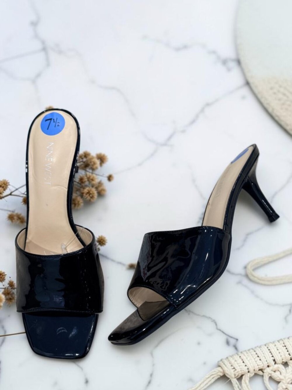 Nine West NWT WNDATIE Square Toe Black Patent Kitten Heel Mules Women's Size 7.5 - Picture 4 of 10
